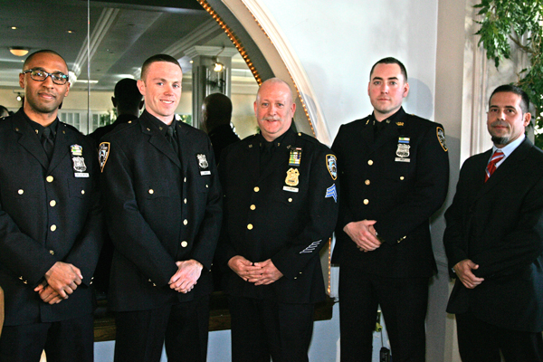 Photo by Sam Spokony Officers of the Year honored on Dec. 12, from left: Officer Sergio De La Mota, Ninth Precinct; Officer Liam Cawley, Sixth Precinct; Sergeant Michael Filomena, 10th Precinct; Officer Michael Relf, 14th Precinct; and Officer Leonardo Nimo, 13th Precinct.